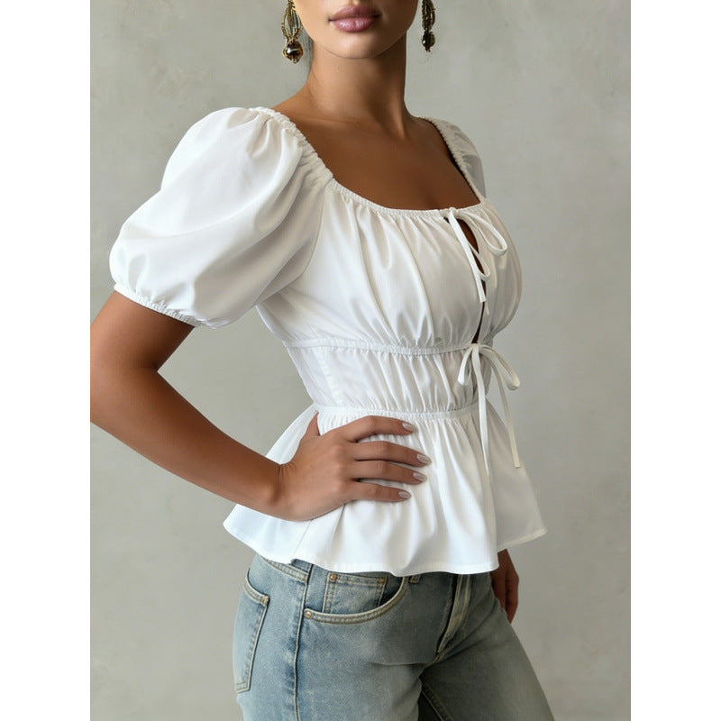 Elegant Cropped Top With Bubble Sleeves For Your Vacation