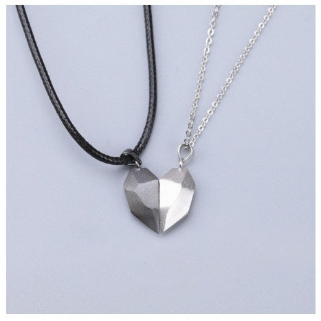 Attractive Wishing Stone Couple Pendant Necklace Ancient Love Token Heart-shaped Electrocardiogram Magnetic Heart Pendant Splicing Necklace Valentine's Day Gift