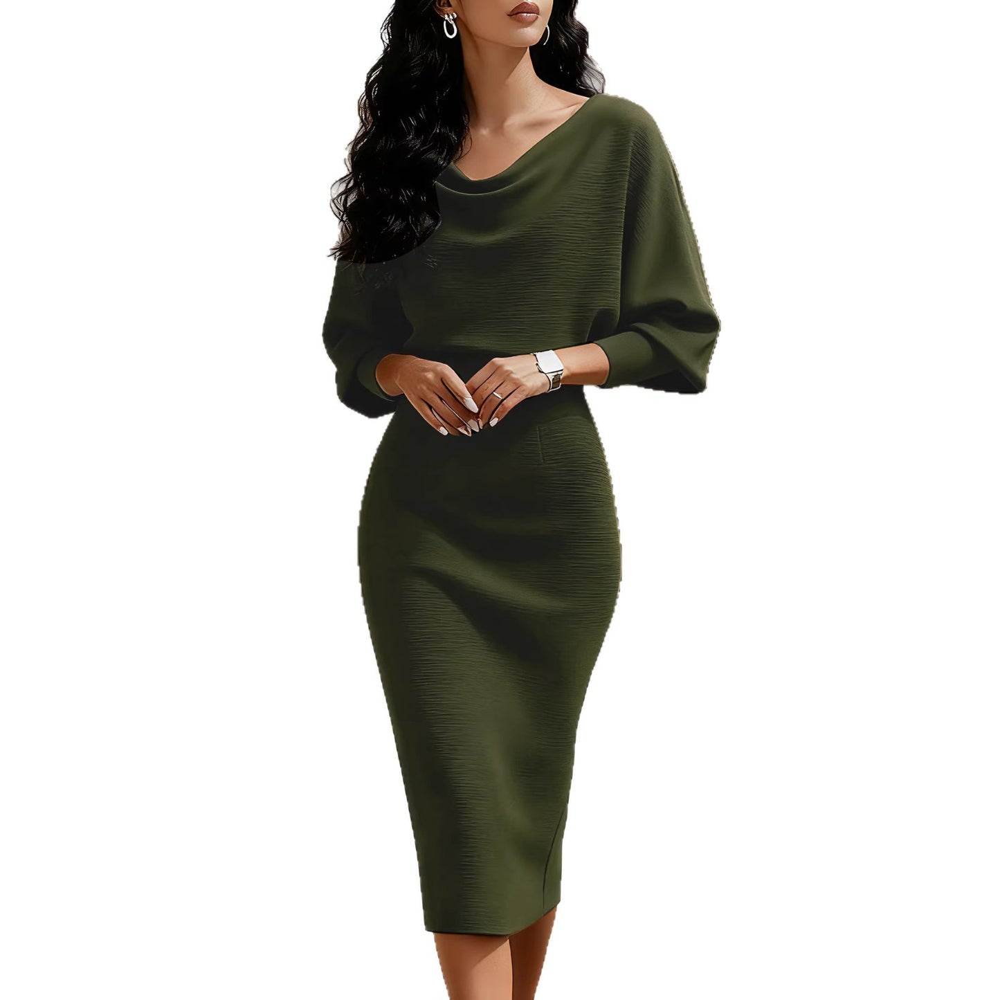 Womens Ribbed Crew-neck Batwing Long-sleeve Waist-cinching Dress