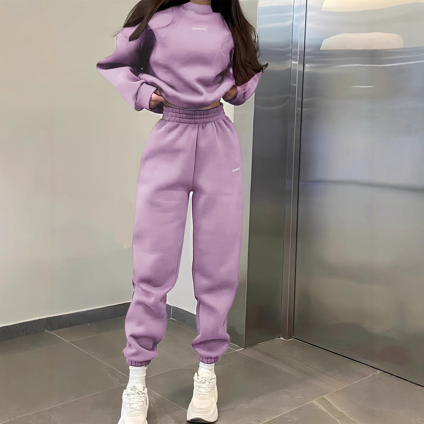 Casual Crew-neck Long-sleeve Pants Set