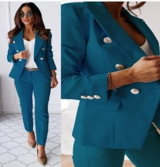 Casual Blazer Suit Slim Lapel Double-breasted Jacket And Zip-up Trousers Women's Clothing