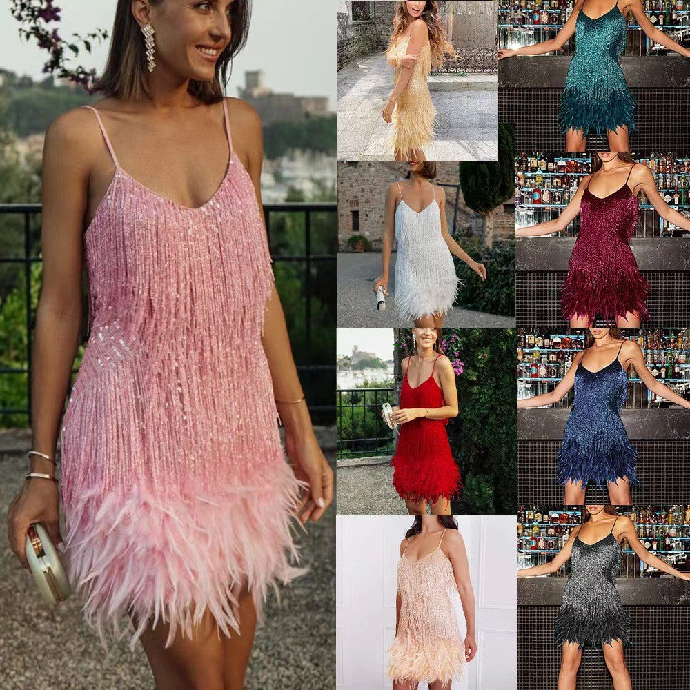 Sexy Tassel Sequins Feather Summer Mini Dress Women V Neck Spaghetti Strap Stitching Dresses Female Elegant Evening Party Club Dress