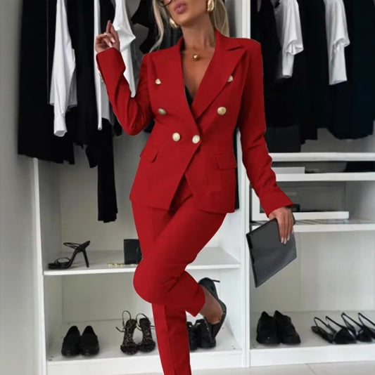 Casual Blazer Suit Slim Lapel Double-breasted Jacket And Zip-up Trousers Women's Clothing