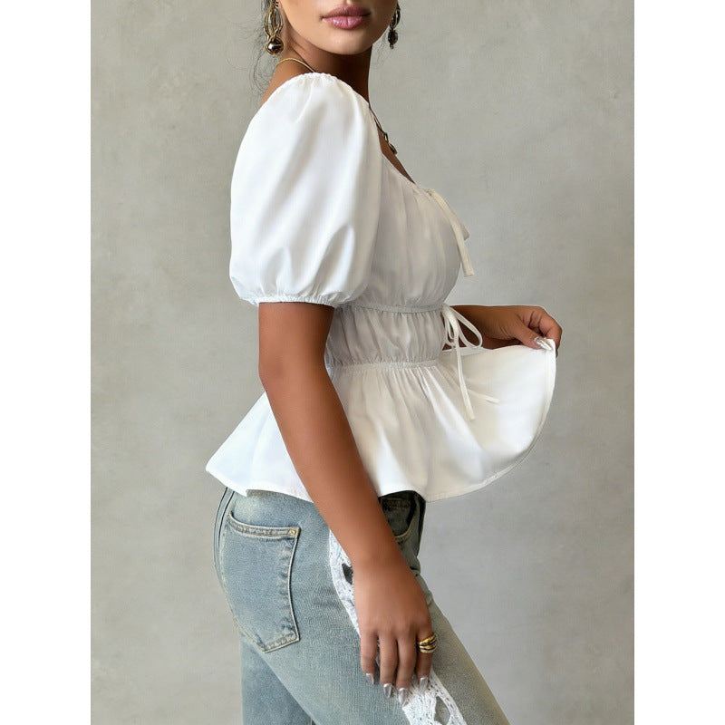 Elegant Cropped Top With Bubble Sleeves For Your Vacation