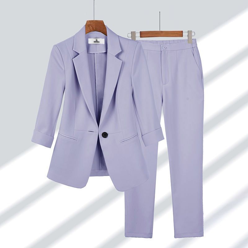 2pcs Casual Blazer Set Solid Color Lapel Single-breasted Jacket And Zipper Straight Pants Women's Office Business Suit