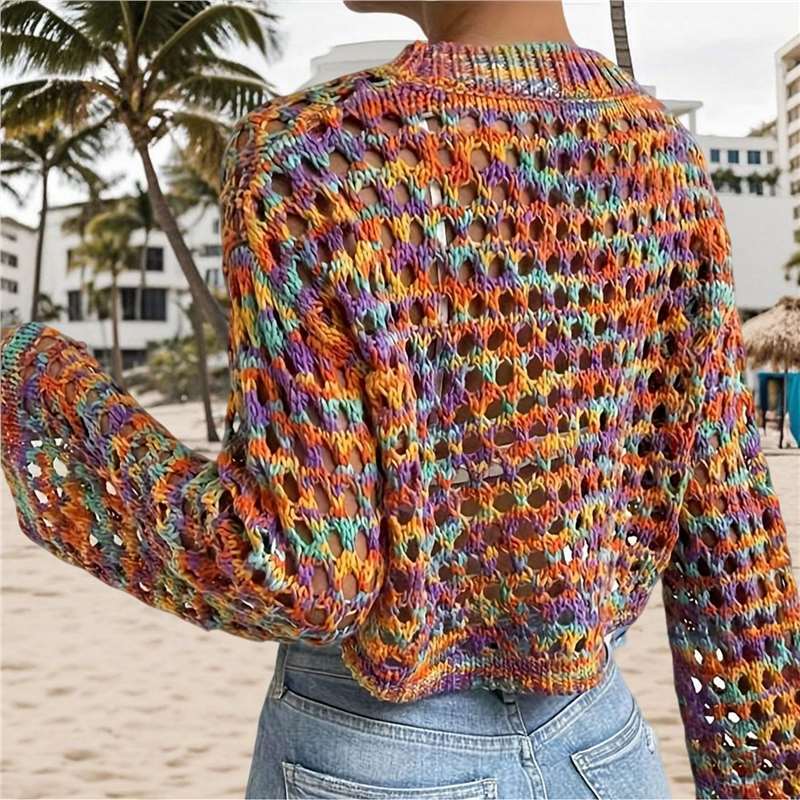 Iridescent Crew-neck Hollow-out Loose Cropped Top