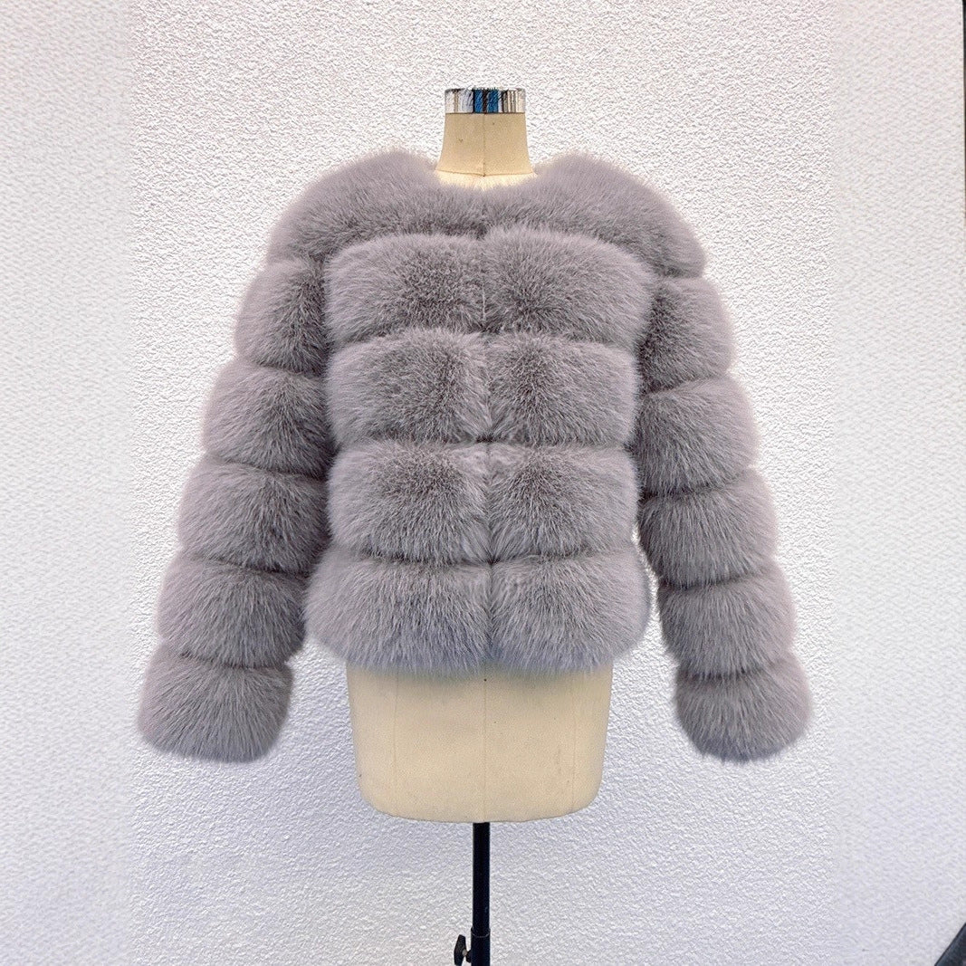 Faux Fox-fur Patchwork Winter Coat With Long Sleeves For Extra Warmth And Insulation