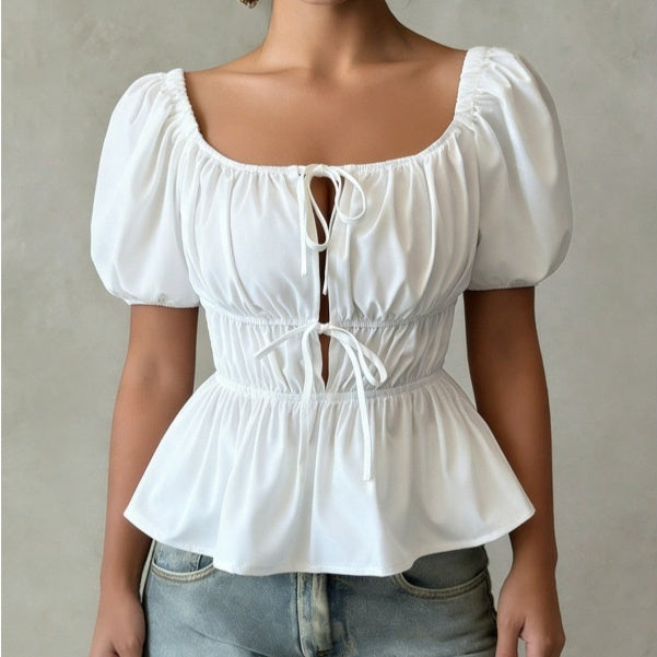 Elegant Cropped Top With Bubble Sleeves For Your Vacation