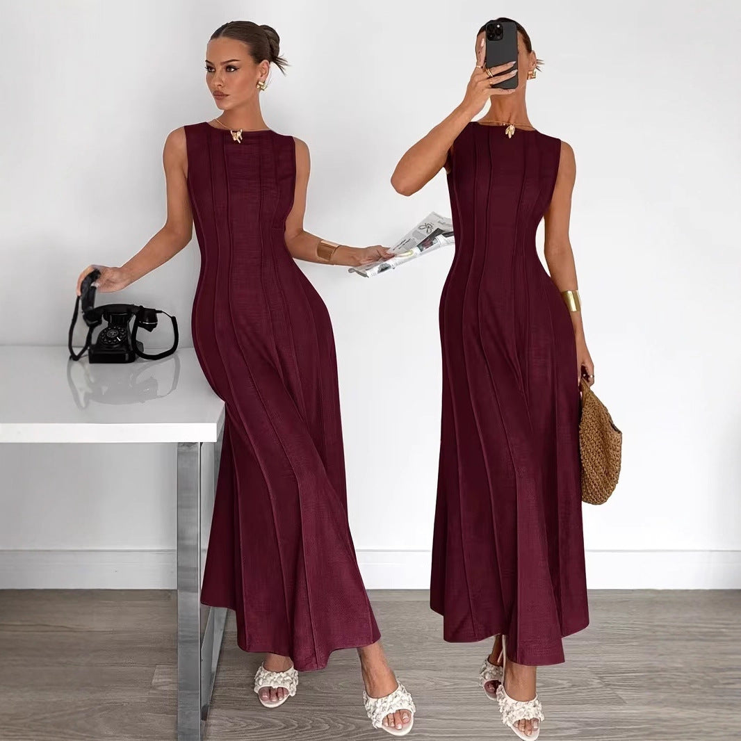 Womens Sleeveless Crew-Neck Pleated Elegant Stylish Maxi Dress