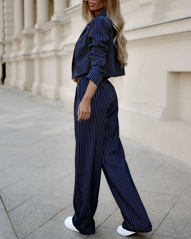 Women's Spring Fashion Striped Suits Casual Lapel Long Sleeve Cropped Top And Straight Pants Outfits Women's Clothing