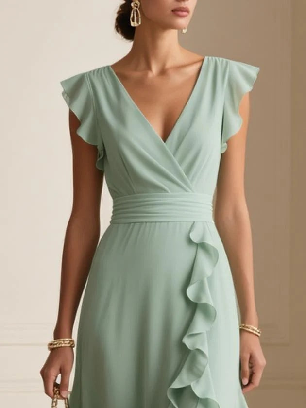 Solid Color Pleated Short Sleeves V-neck Dress