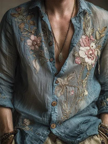 Retro Casual American-style Loose-fitting Mens Printed Long-sleeve Floral Shirt