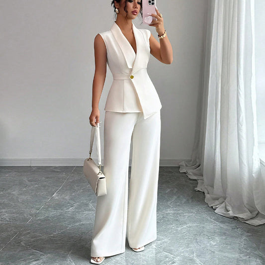 Solid Color Vest Straight-leg Trousers Suit For Women