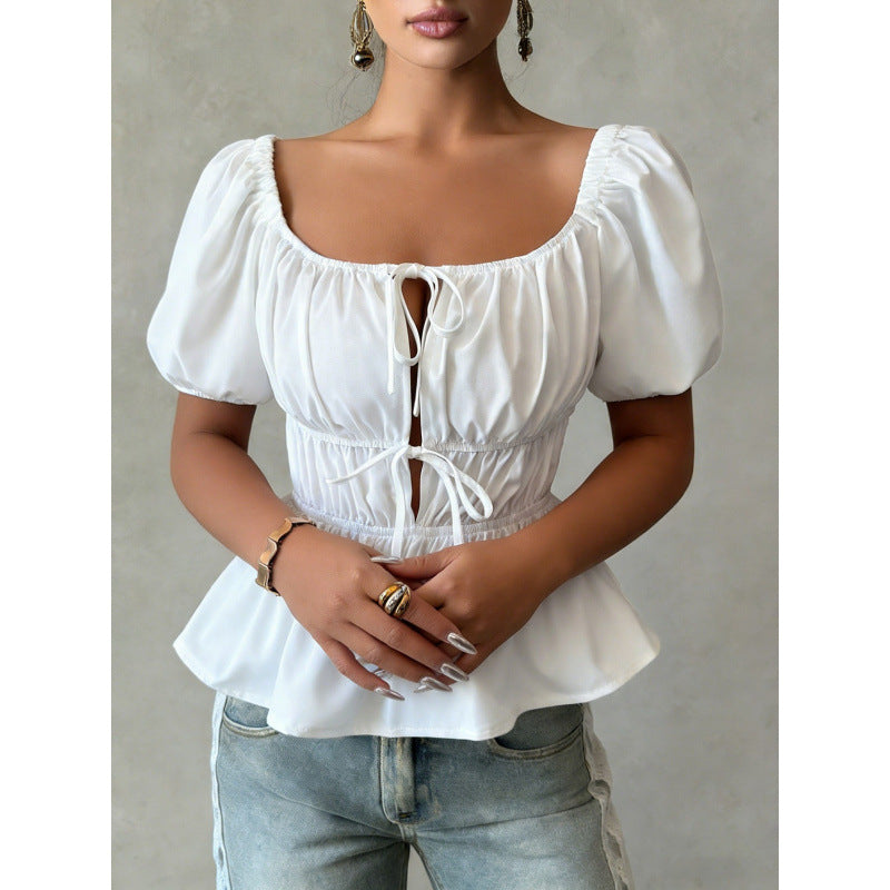 Elegant Cropped Top With Bubble Sleeves For Your Vacation