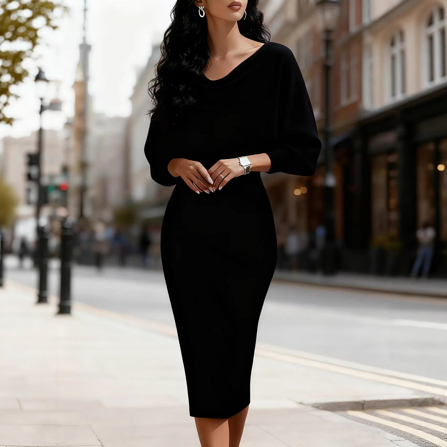 Womens Ribbed Crew-neck Batwing Long-sleeve Waist-cinching Dress